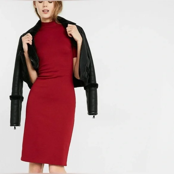Women’s Express Zip-Back Cranberry Red Mock Neck Short Sleeve Sheath Dress Large - Picture 2 of 7